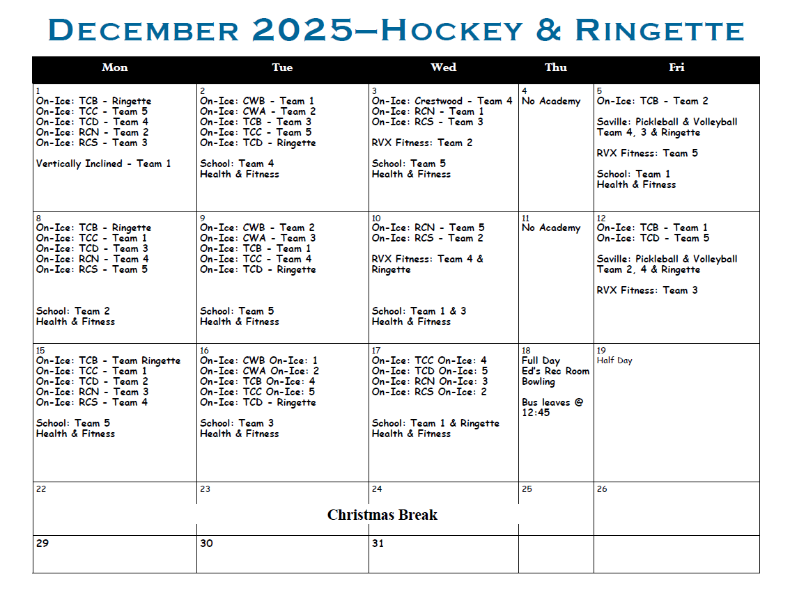 Hockey and Ringette December Schedule 